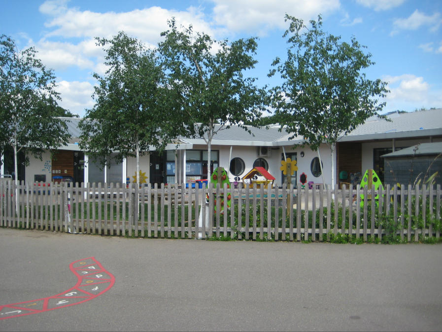 Playground showing grass and mural on class wall